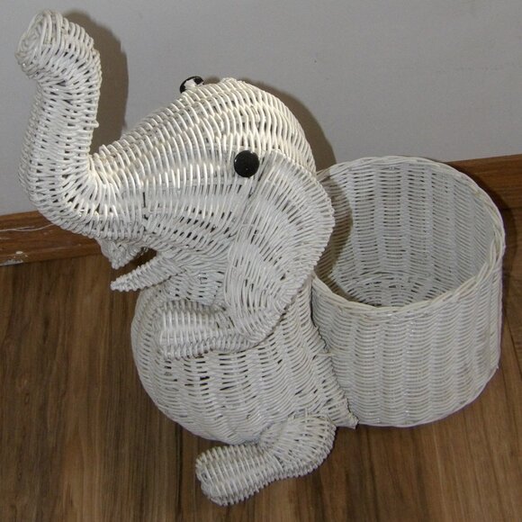 Vintage White Wicker Elephant Sculpture Indoor Planter